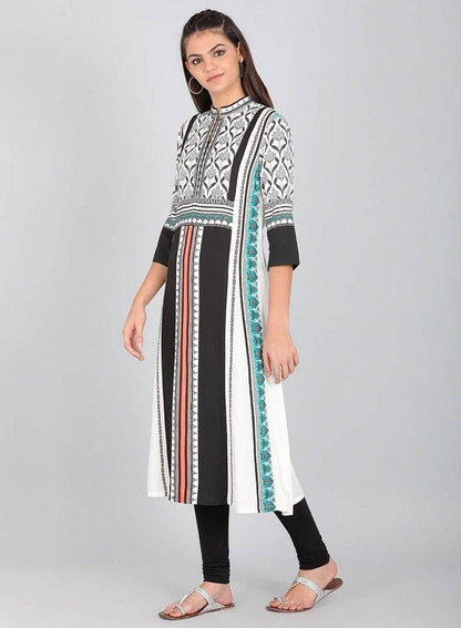 Black Mandarin Neck Printed kurta - wforwoman