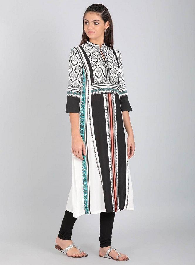 Black Mandarin Neck Printed kurta - wforwoman