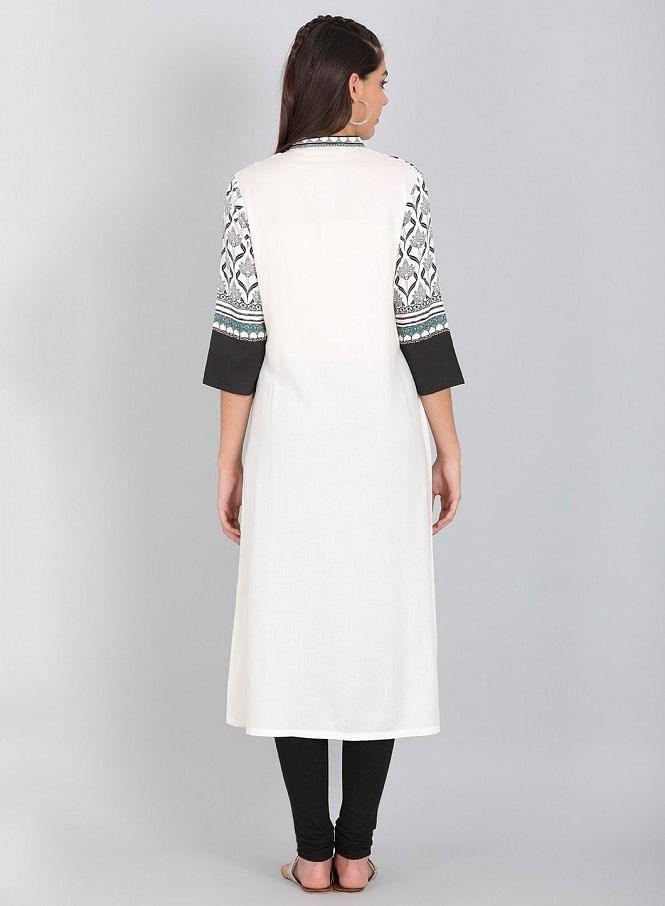 Black Mandarin Neck Printed kurta - wforwoman