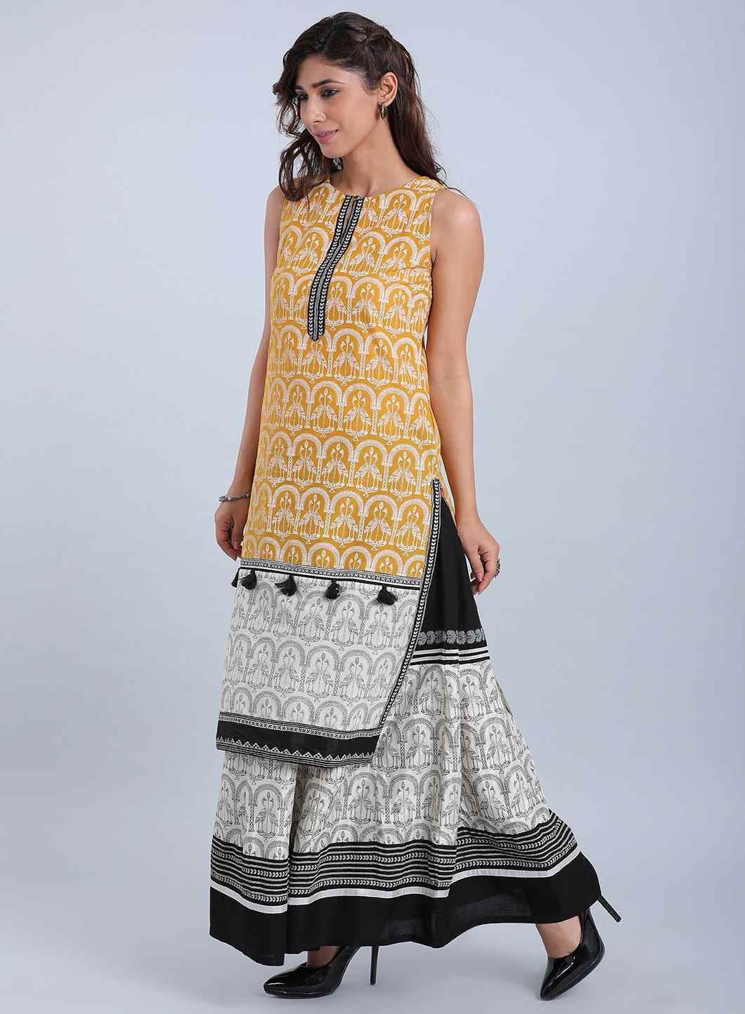 Yellow Printed Round Neck kurta