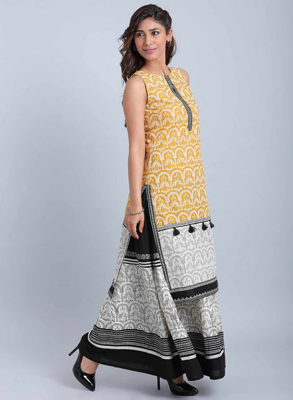 Yellow Printed Round Neck kurta