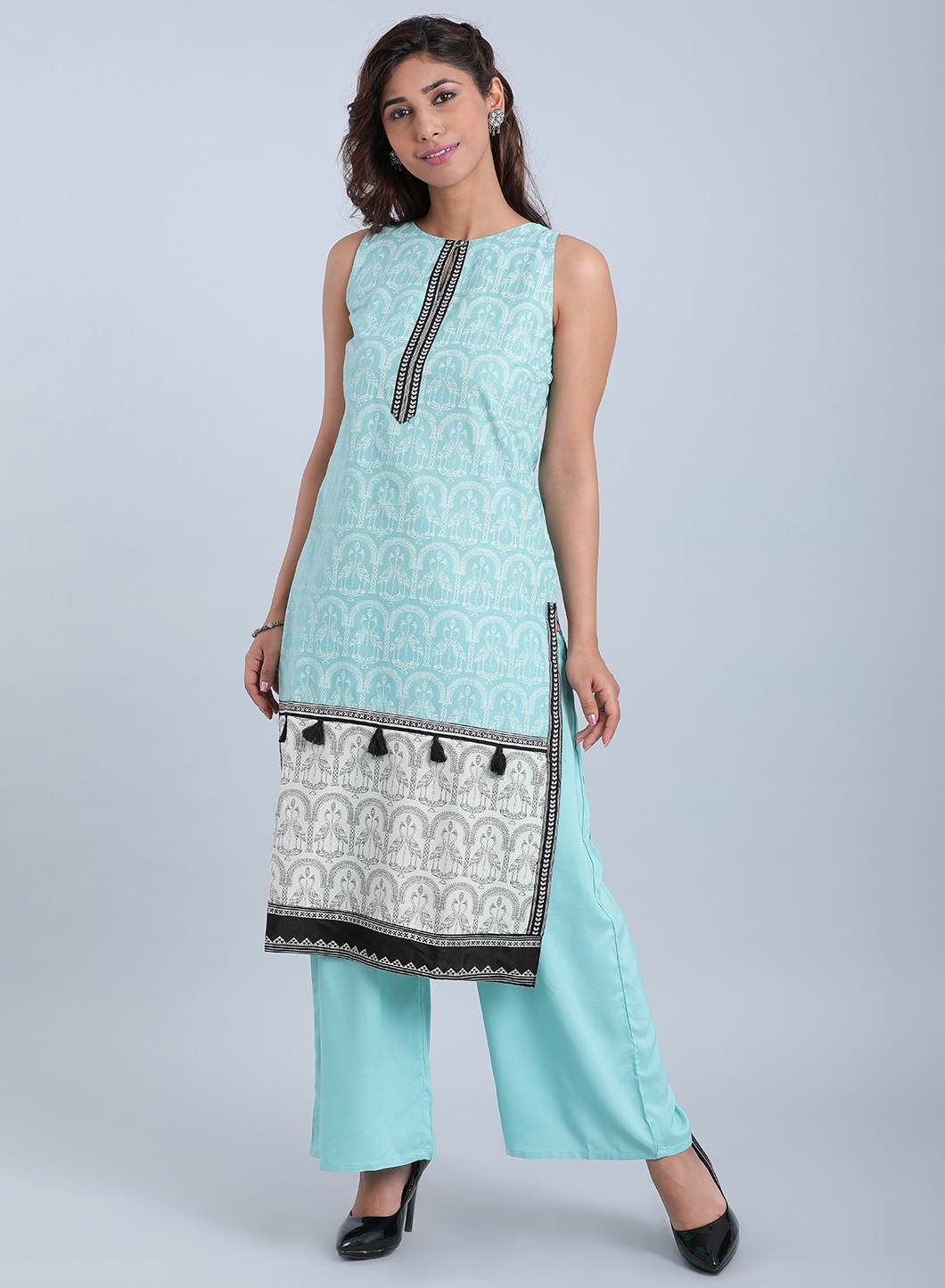 Blue Printed Round Neck kurta