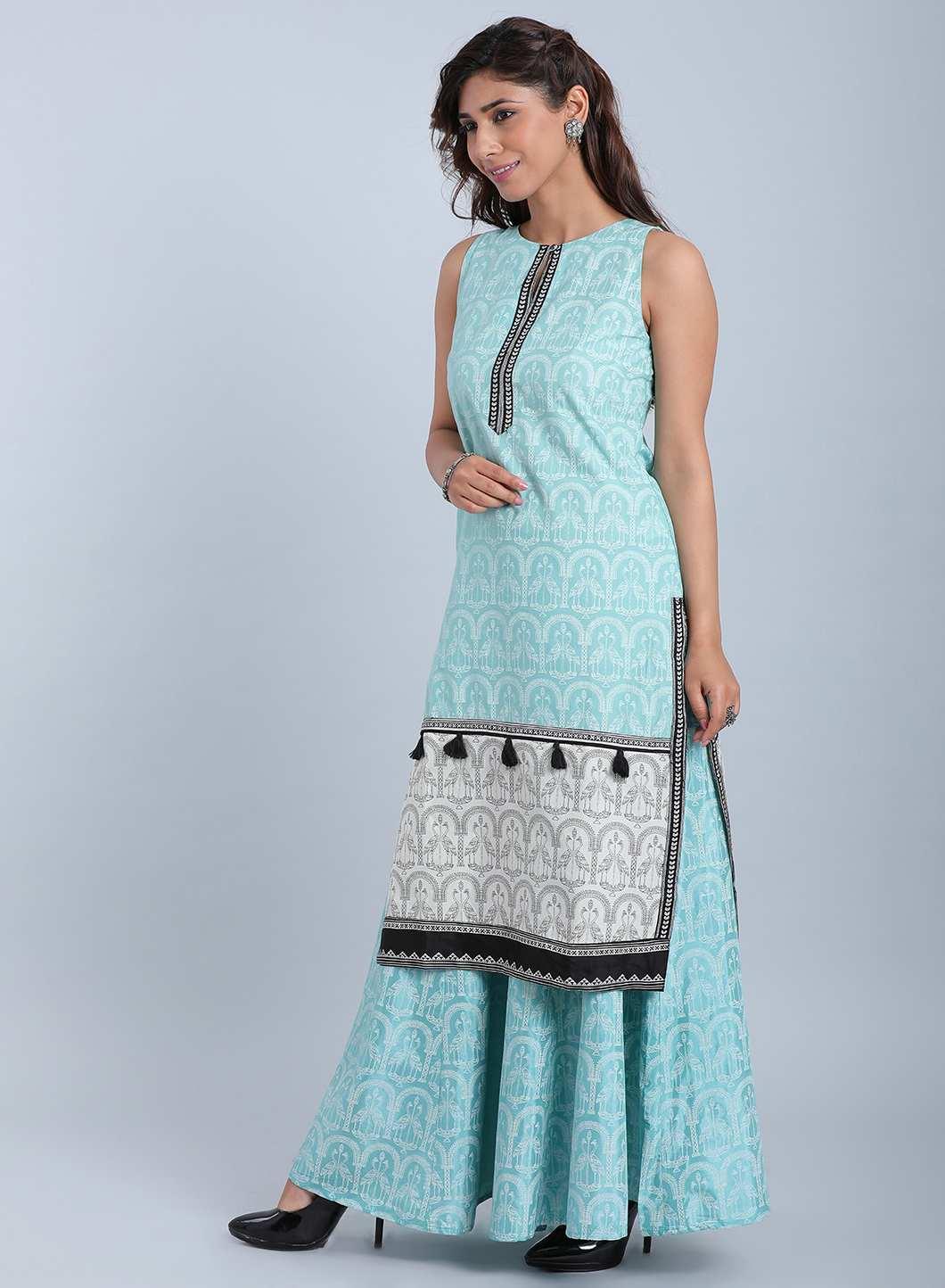 Blue Printed Round Neck kurta - wforwoman