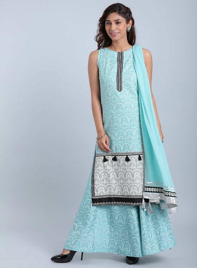 Blue Printed Round Neck kurta - wforwoman