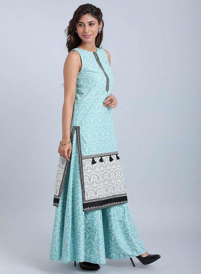 Blue Printed Round Neck kurta - wforwoman