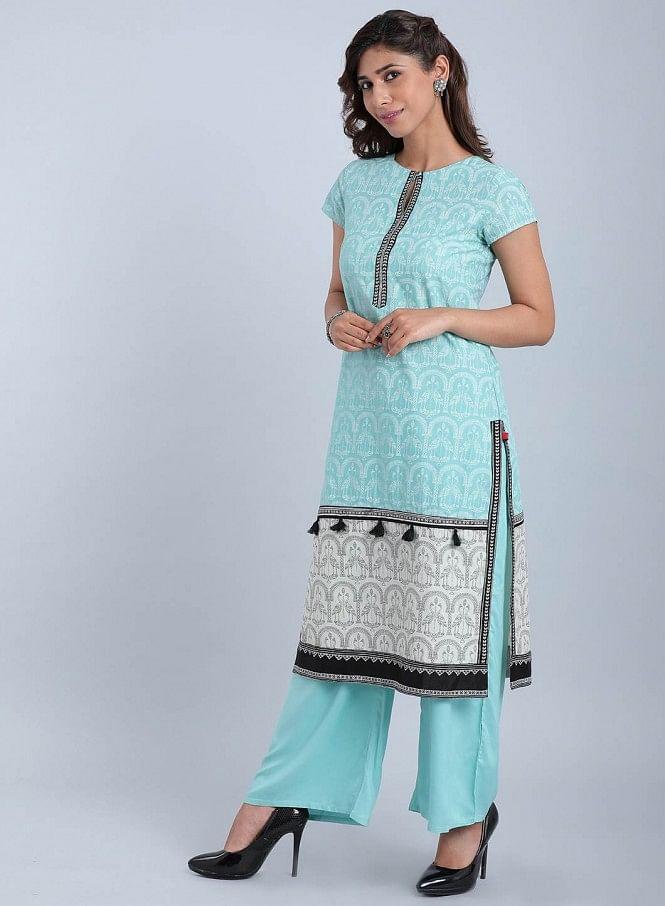 Blue Printed Round Neck kurta - wforwoman