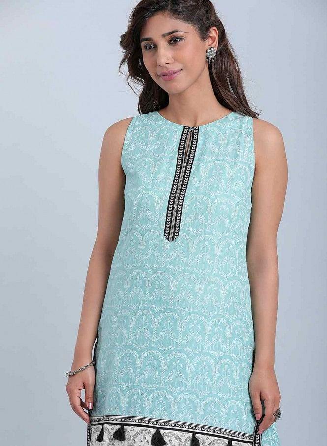 Blue Printed Round Neck kurta - wforwoman