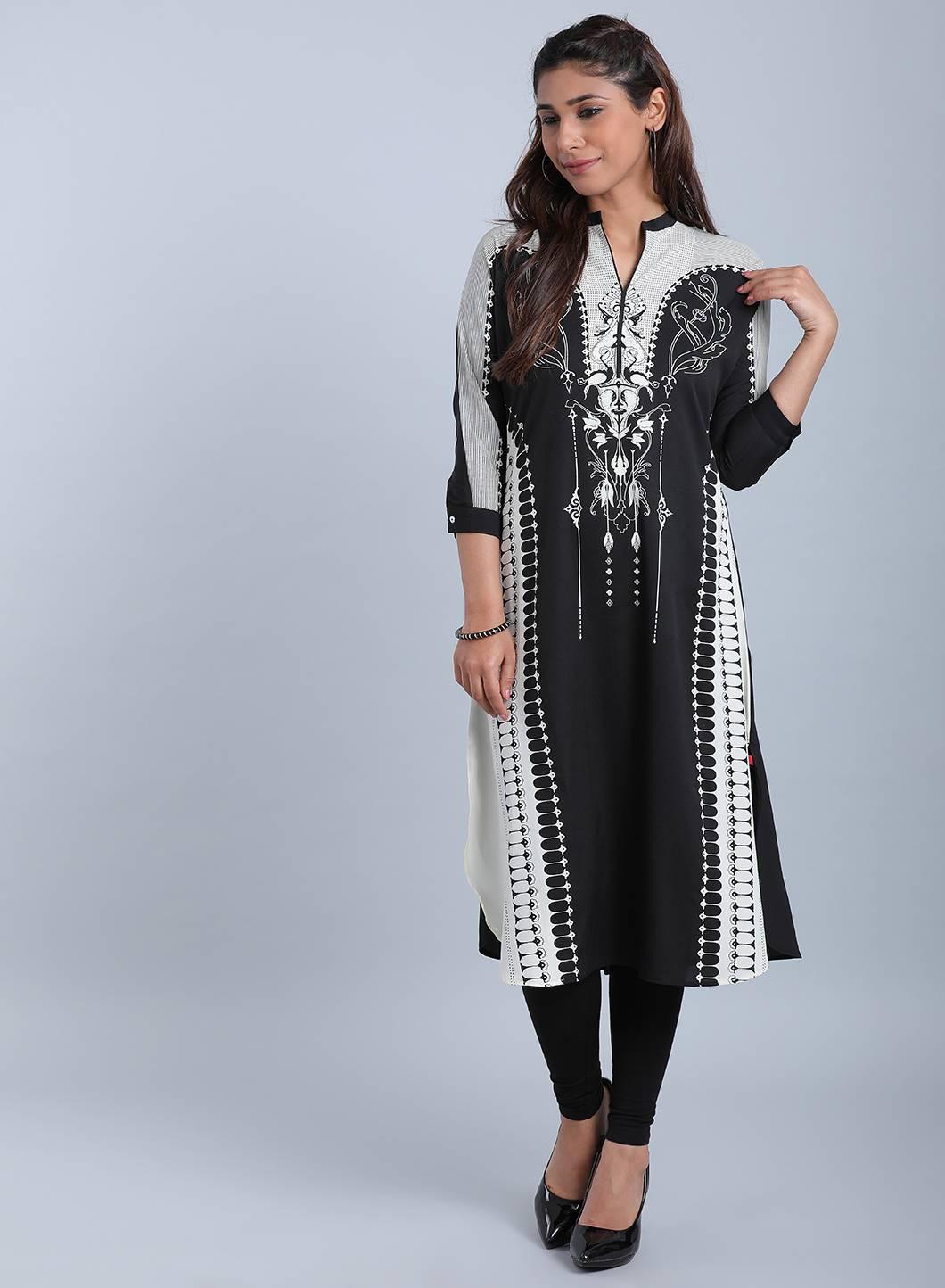 Black &amp; White Mandarin Neck Printed kurta - wforwoman