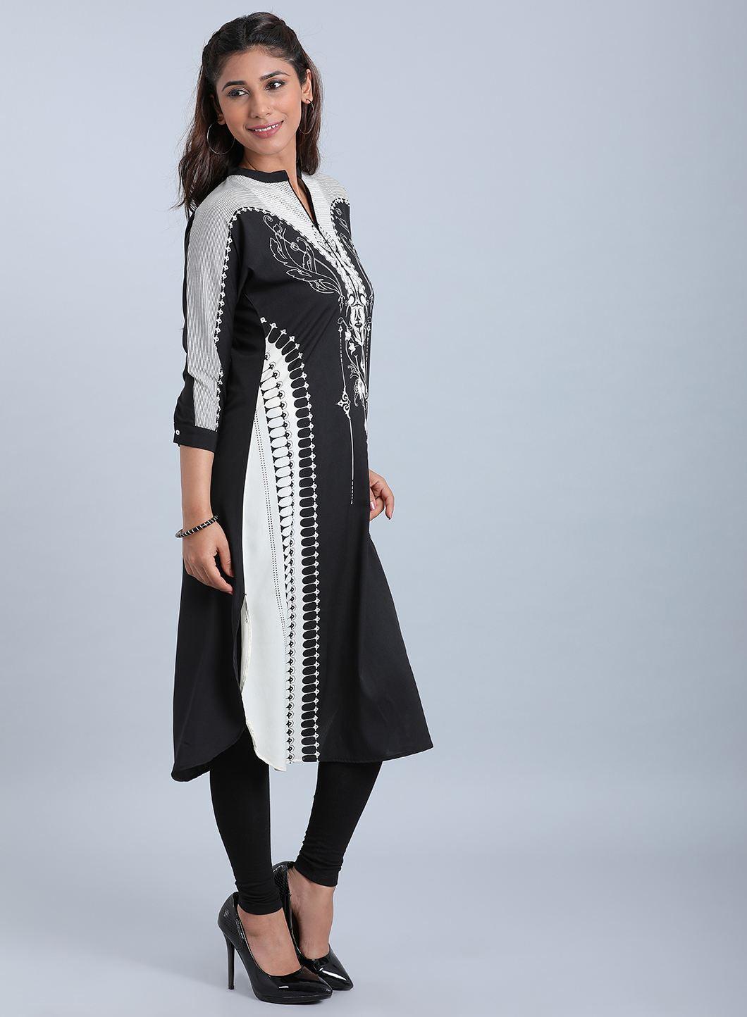 Black &amp; White Mandarin Neck Printed kurta - wforwoman