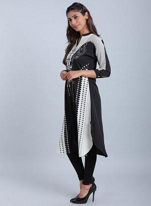 Black &amp; White Mandarin Neck Printed kurta - wforwoman