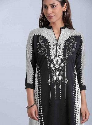 Black &amp; White Mandarin Neck Printed kurta - wforwoman