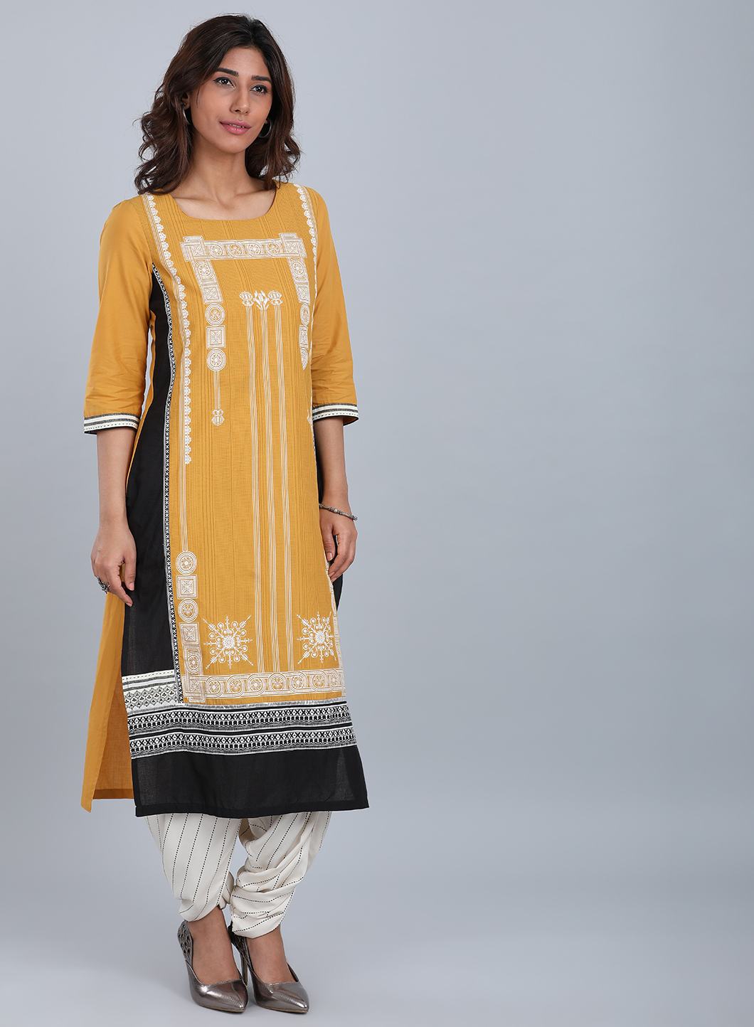 Yellow Round Neck Printed kurta