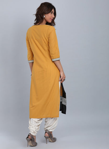 Yellow Round Neck Printed kurta