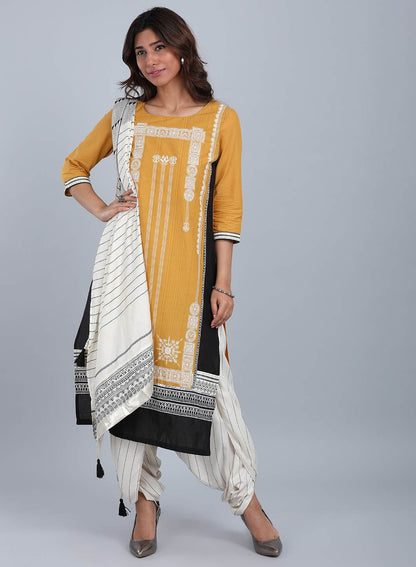 Yellow Round Neck Printed kurta