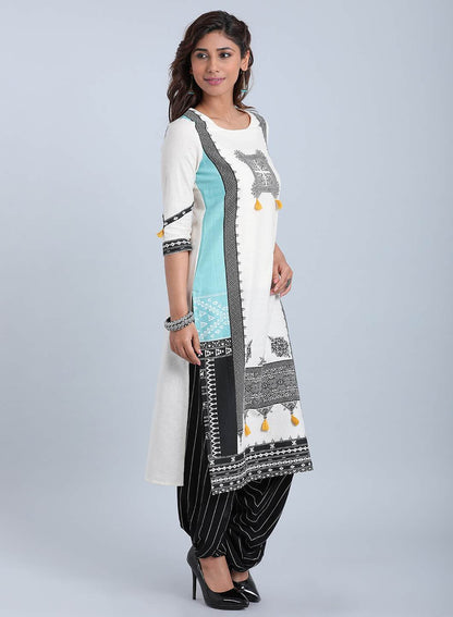 White Printed Round Neck kurta