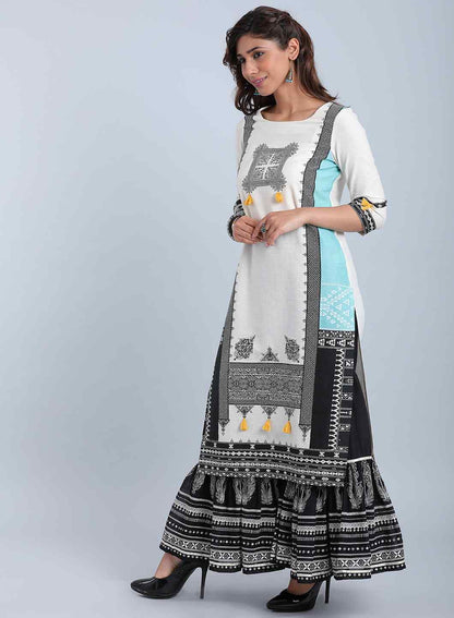 White Printed Round Neck kurta