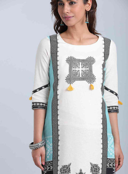 White Printed Round Neck kurta