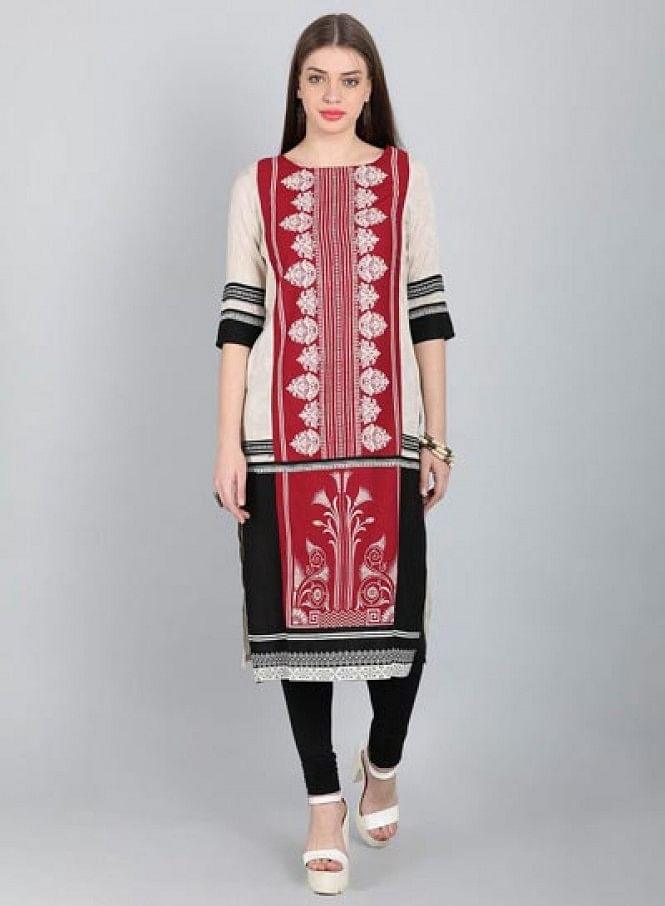 Maroon &amp; Black Printed Round Neck kurta - wforwoman