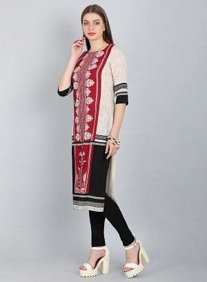 Maroon &amp; Black Printed Round Neck kurta - wforwoman