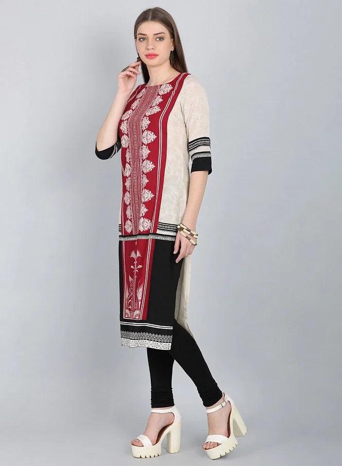 Maroon &amp; Black Printed Round Neck kurta - wforwoman