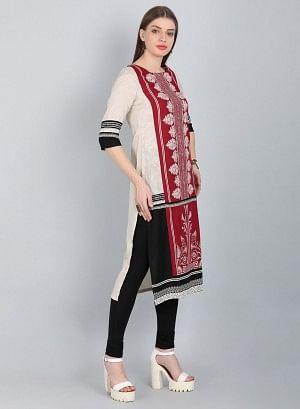 Maroon &amp; Black Printed Round Neck kurta - wforwoman