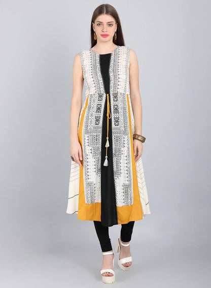 White &amp; Mustard A-Line kurta - wforwoman