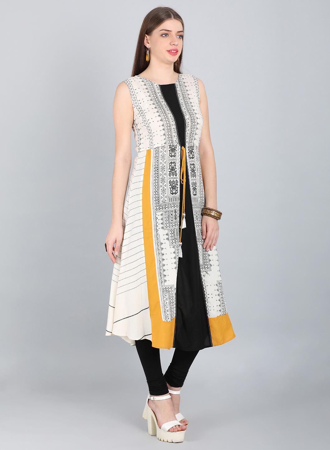 White &amp; Mustard A-Line kurta - wforwoman