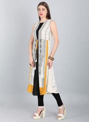 White &amp; Mustard A-Line kurta - wforwoman