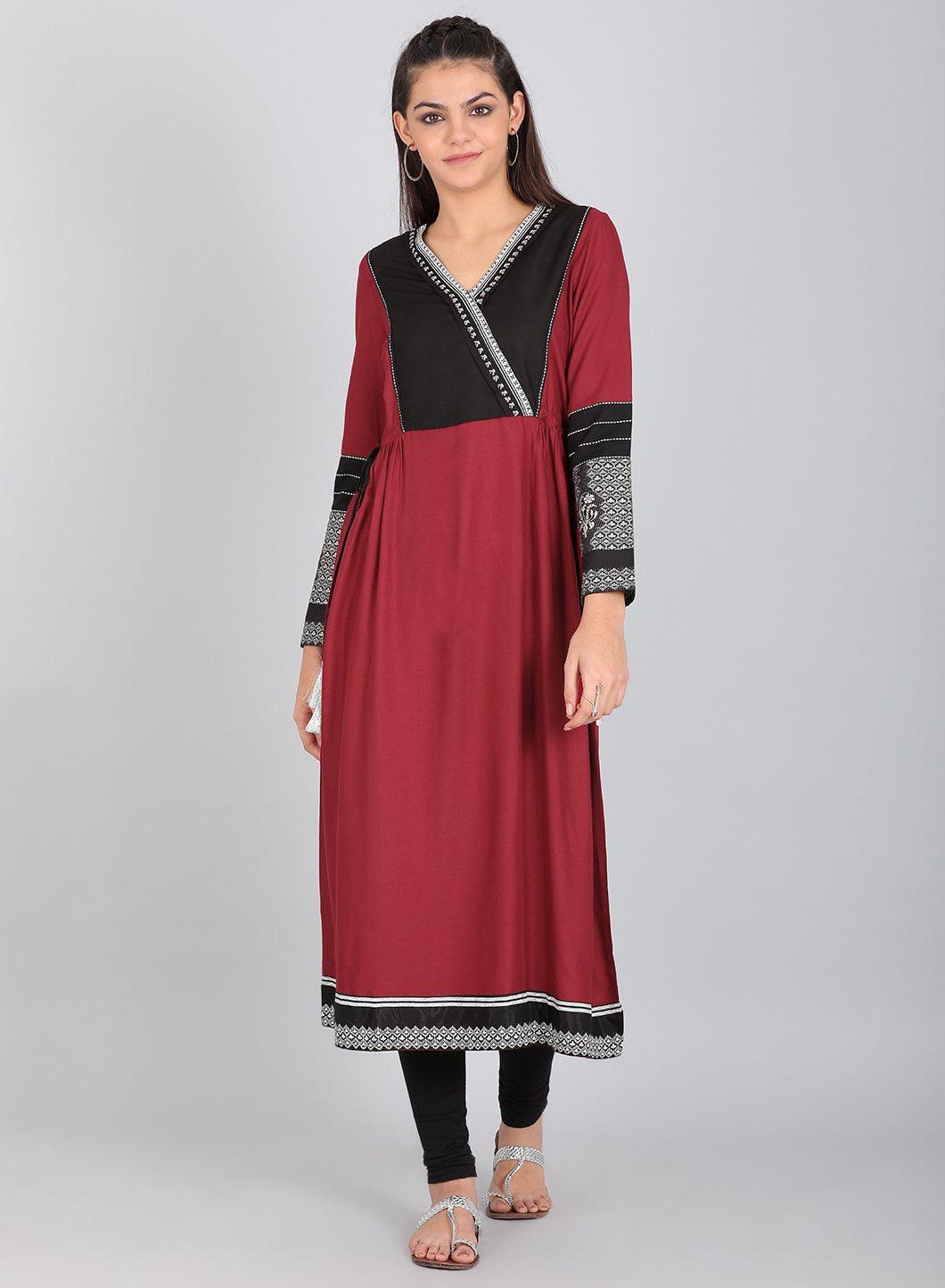 Maroon Printed V Neck kurta - wforwoman