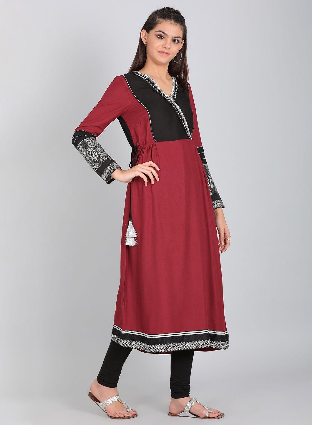 Maroon Printed V Neck kurta - wforwoman