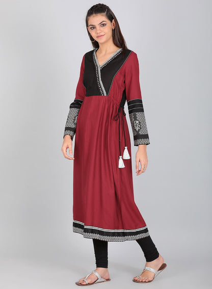 Maroon Printed V Neck kurta - wforwoman