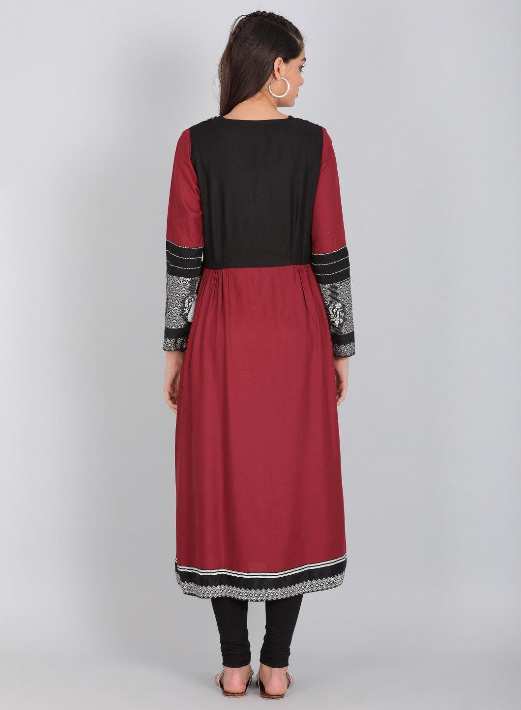 Maroon Printed V Neck kurta - wforwoman