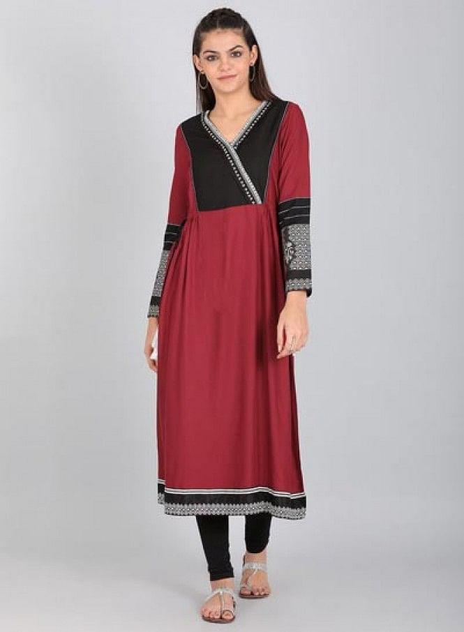 Maroon Printed V Neck kurta - wforwoman