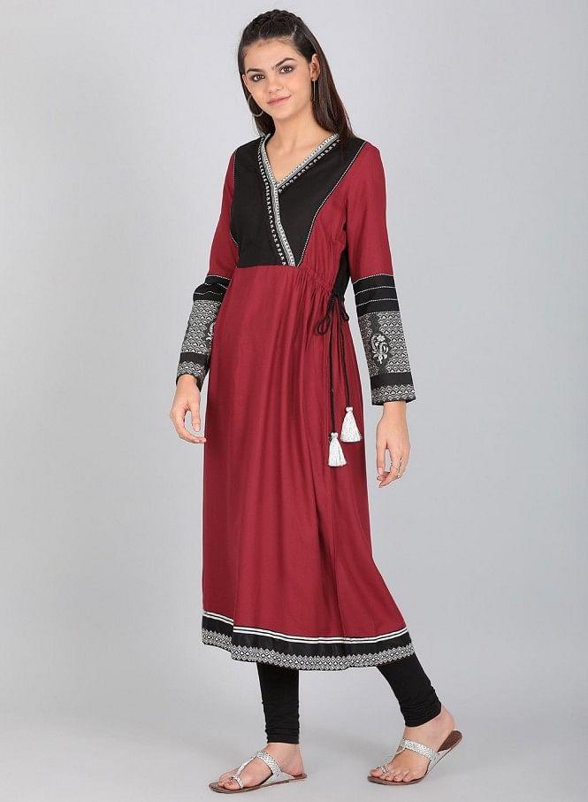 Maroon Printed V Neck kurta - wforwoman