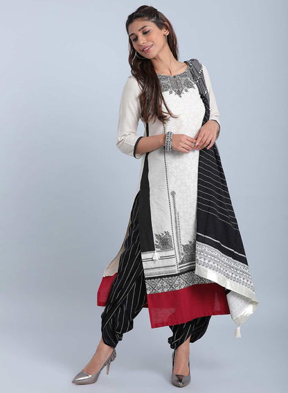 Cream &amp; Black Printed Round Neck kurta - wforwoman