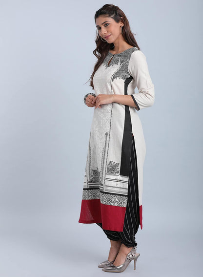 Cream &amp; Black Printed Round Neck kurta - wforwoman