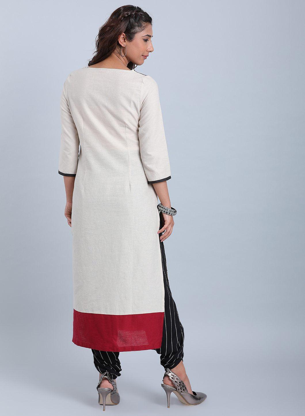 Cream &amp; Black Printed Round Neck kurta - wforwoman