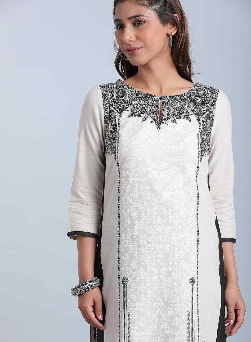 Cream &amp; Black Printed Round Neck kurta - wforwoman