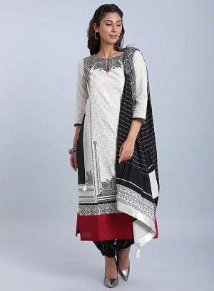 Cream &amp; Black Printed Round Neck kurta - wforwoman