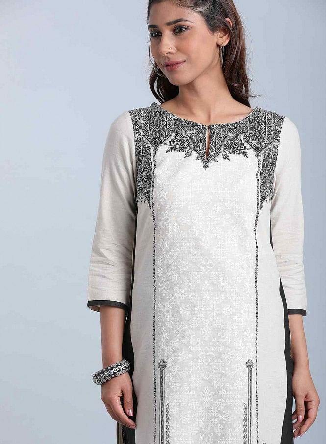 Cream &amp; Black Printed Round Neck kurta - wforwoman