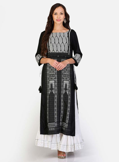 Black Printed Stylized Round Neck kurta - wforwoman