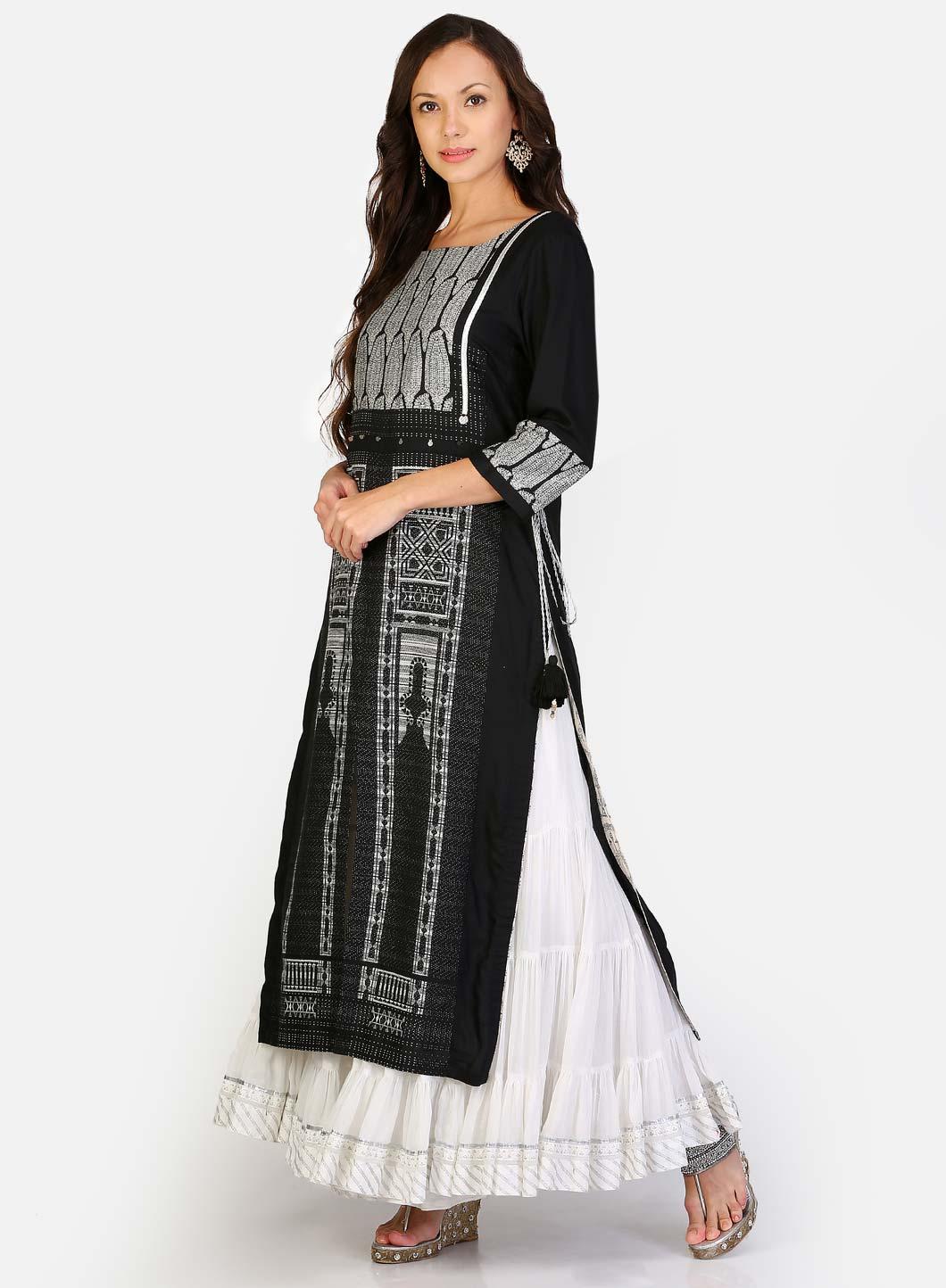 Black Printed Stylized Round Neck kurta - wforwoman