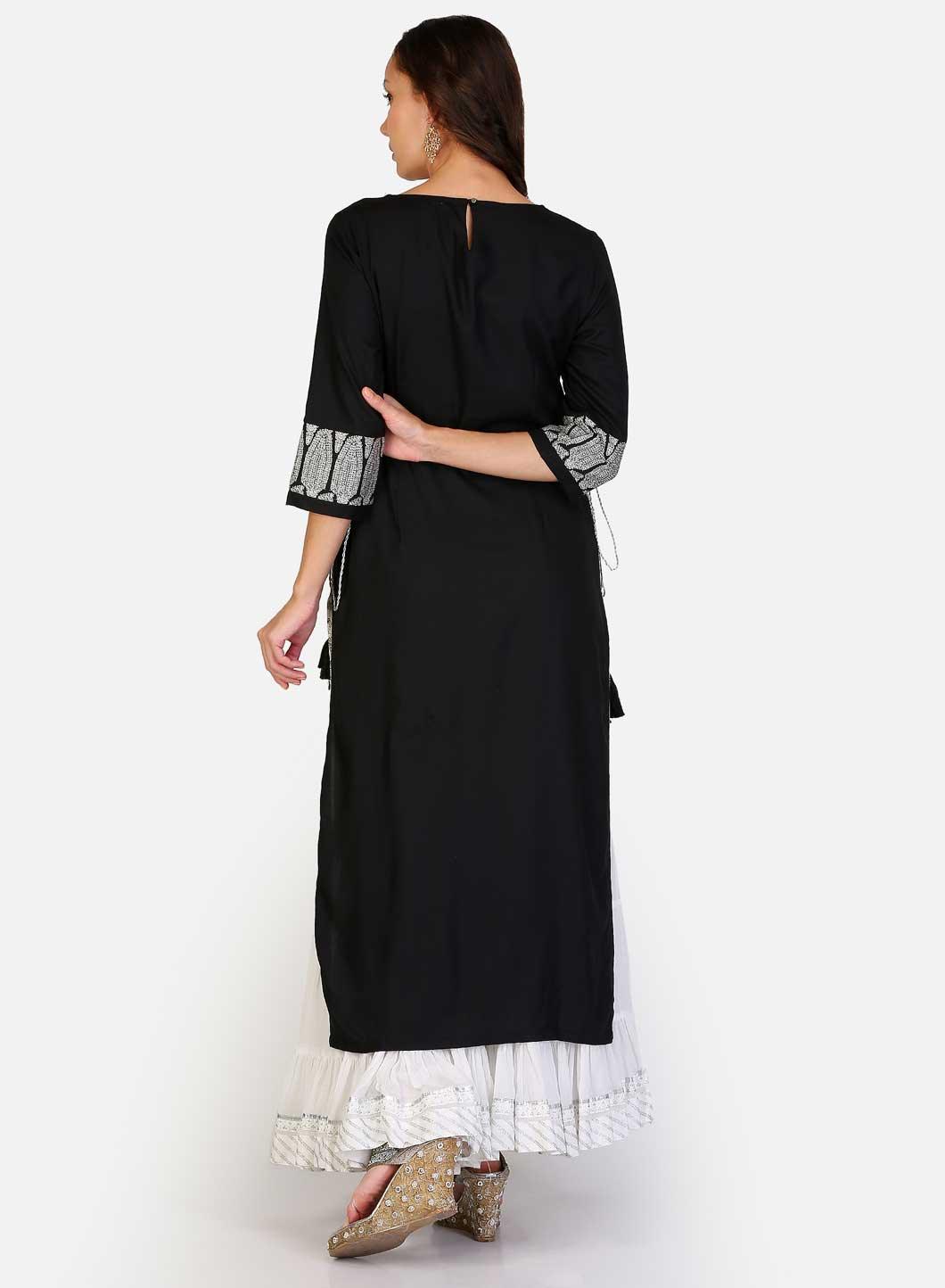 Black Printed Stylized Round Neck kurta - wforwoman