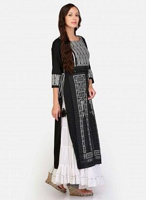 Black Printed Stylized Round Neck kurta - wforwoman