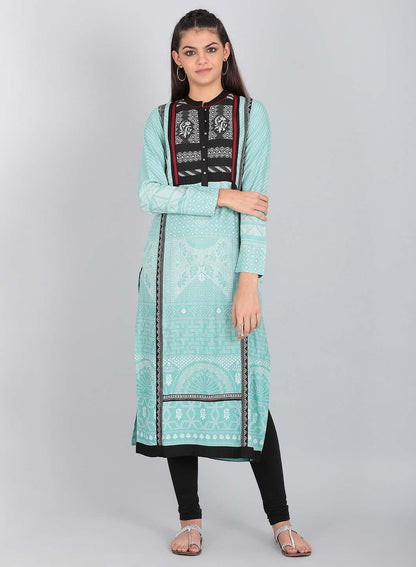 Blue Printed Mandarin Neck Tassel kurta - wforwoman