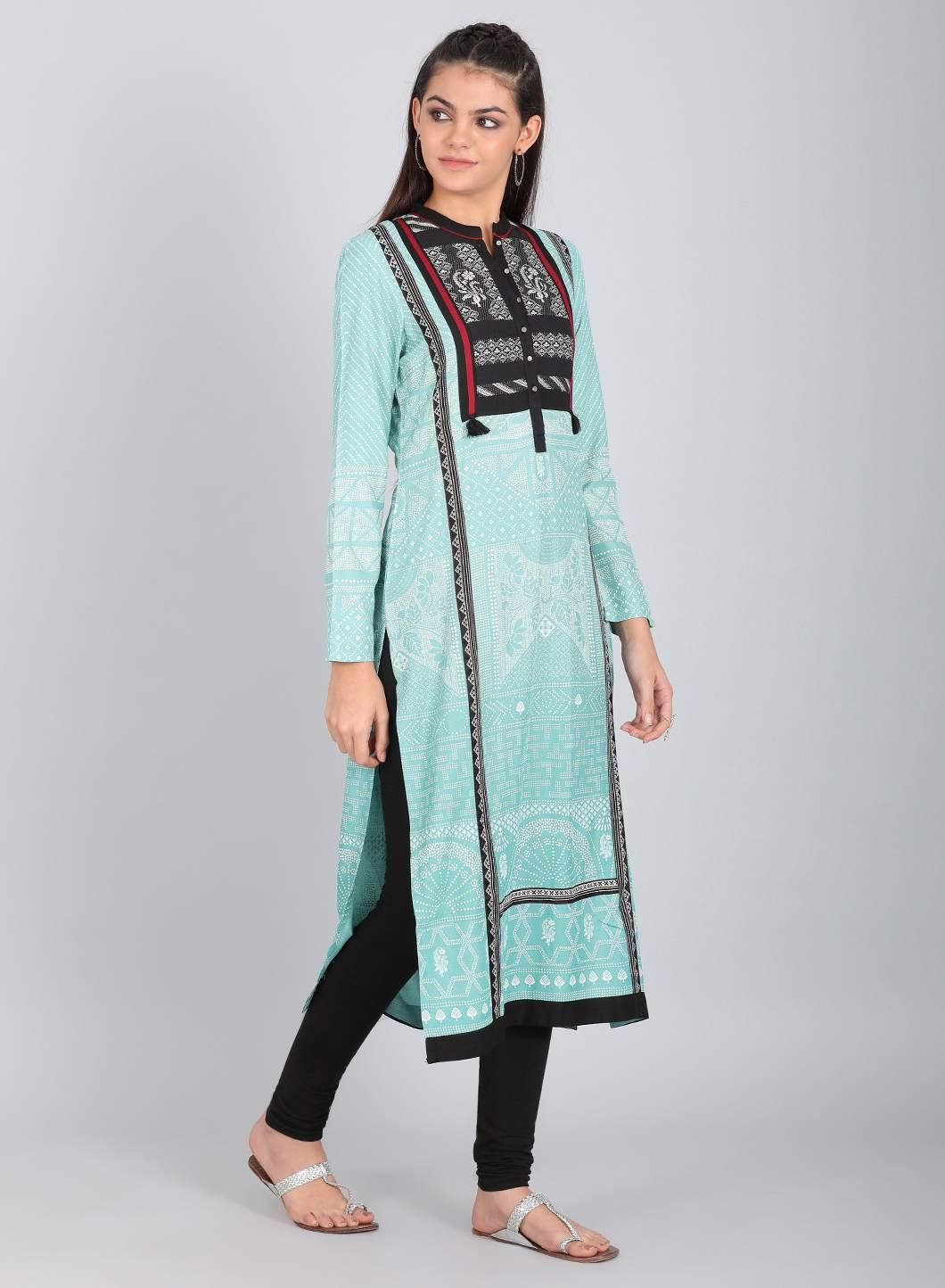 Blue Printed Mandarin Neck Tassel kurta - wforwoman