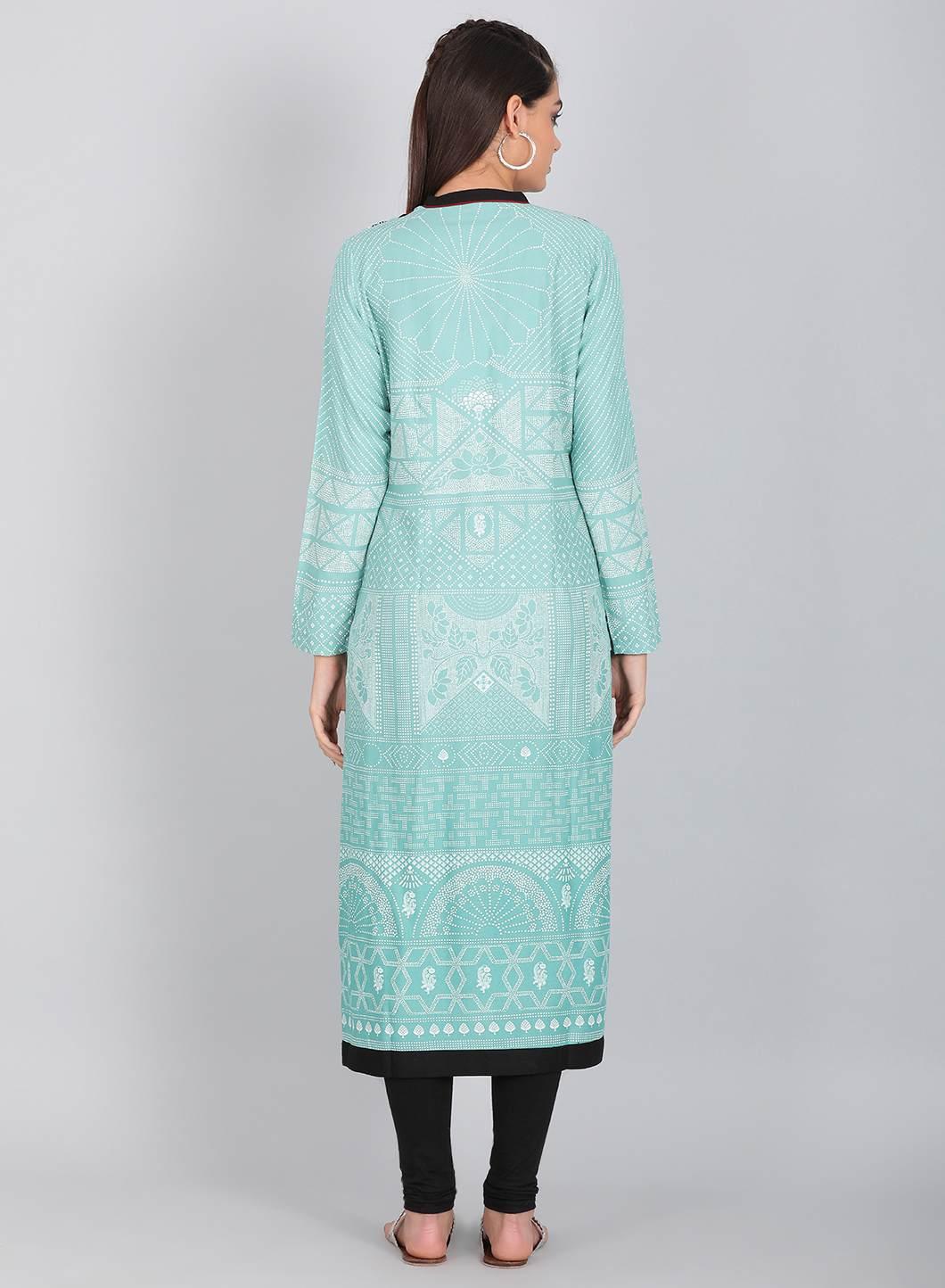 Blue Printed Mandarin Neck Tassel kurta - wforwoman