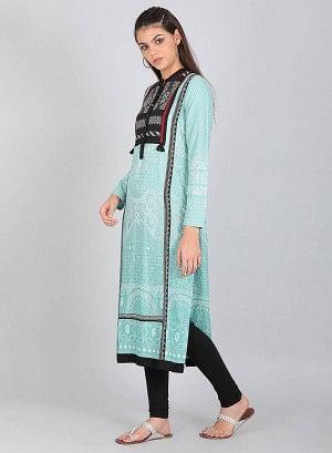 Blue Printed Mandarin Neck Tassel kurta - wforwoman