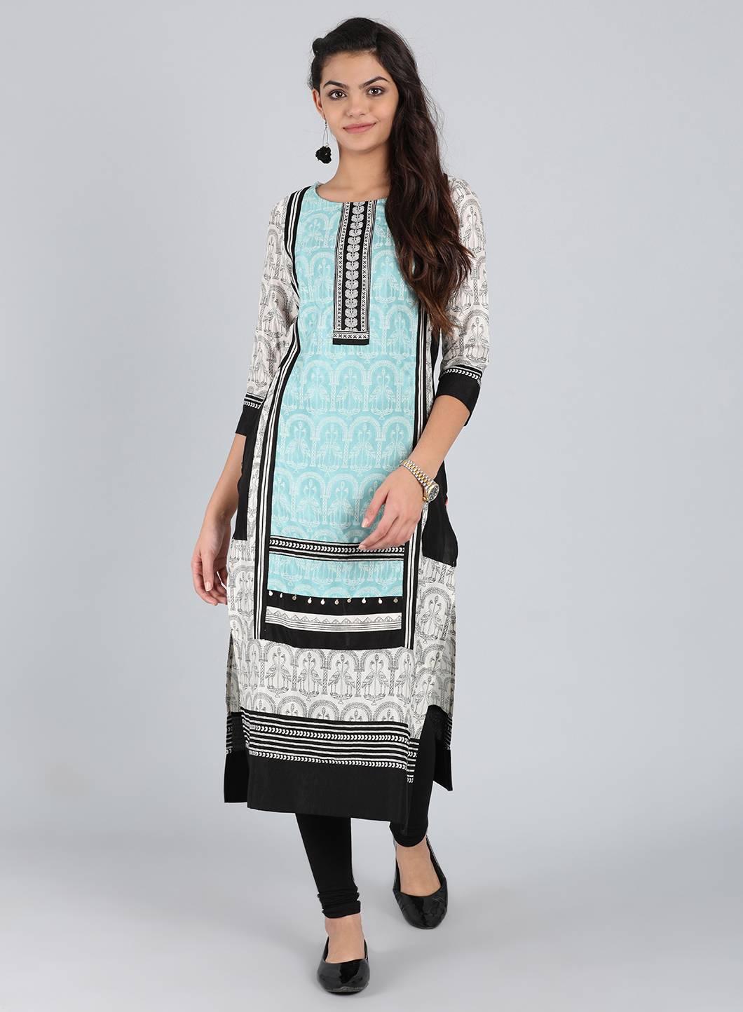 White &amp; Blue Round Neck Printed kurta - wforwoman