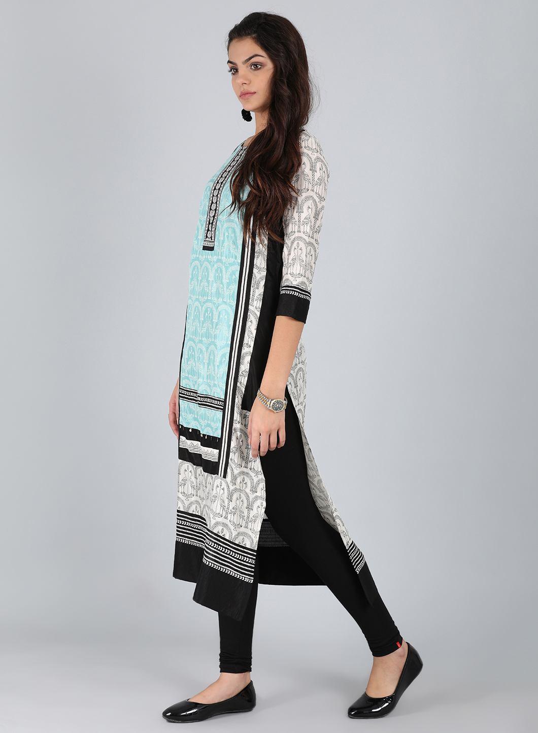 White &amp; Blue Round Neck Printed kurta - wforwoman